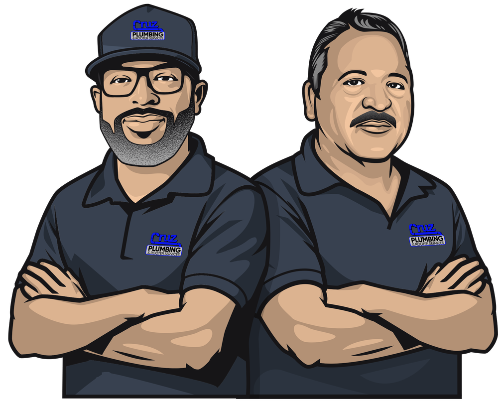 Cartoon portraits of the Cruz Plumbing owners in company shirts