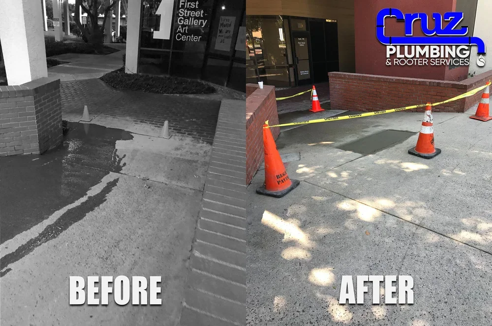 Before-and-after views of a Cruz Plumbing slab leak repair work area
