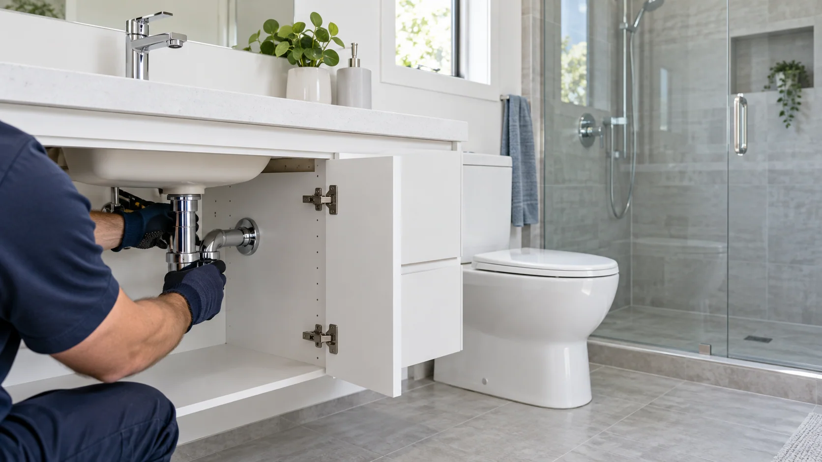 Modern bathroom with sink, toilet, shower, and a technician checking the vanity plumbing