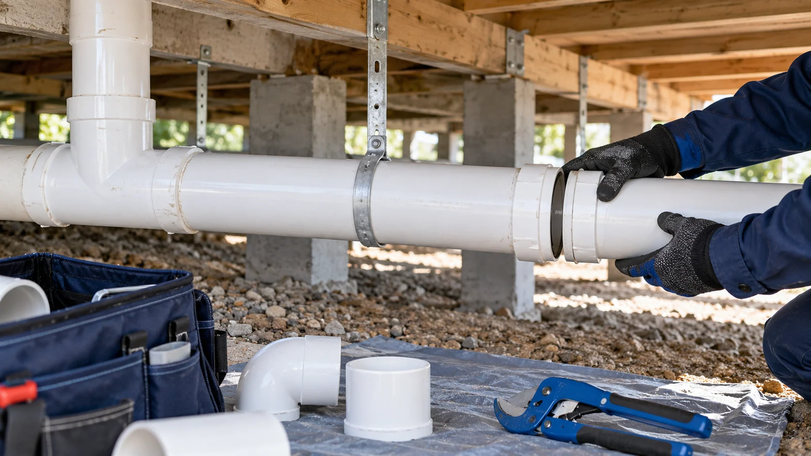 Technician joining a replacement PVC drain section beneath a home