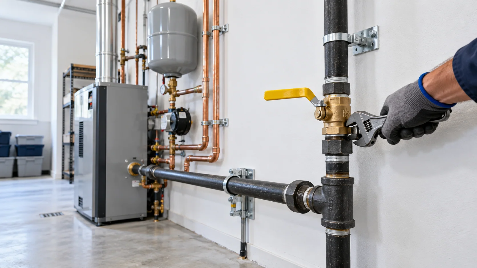 Technician inspecting a gas pipe connection and shutoff valve in a utility room