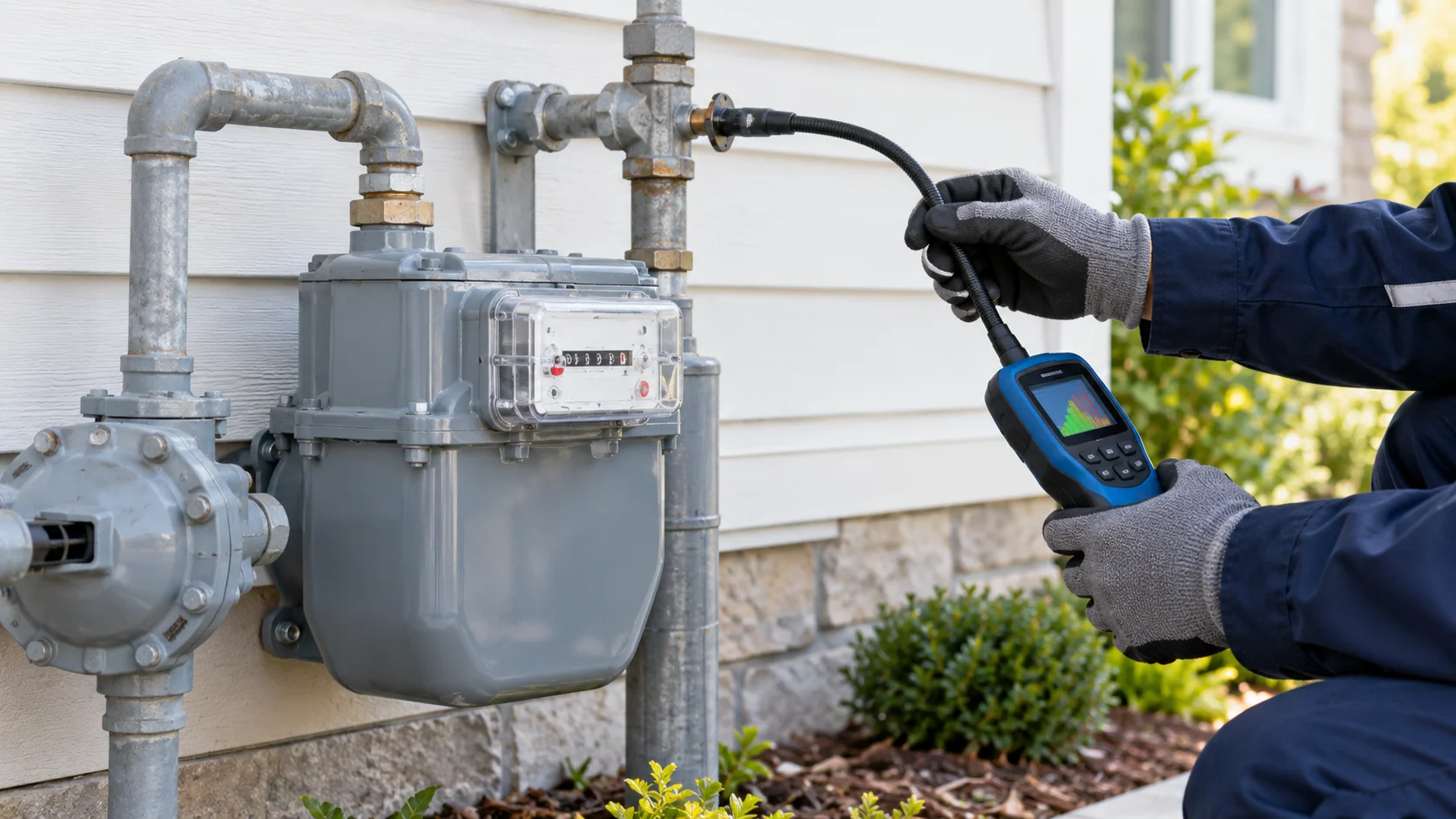 Technician checking an exterior gas meter connection with a gas detection probe