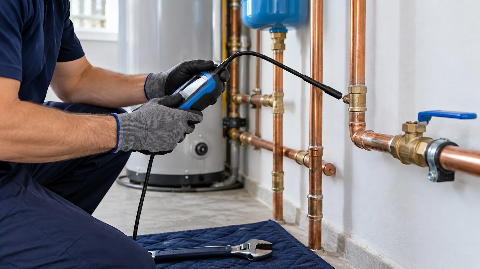 Technician inspecting copper water piping with a handheld leak detection instrument