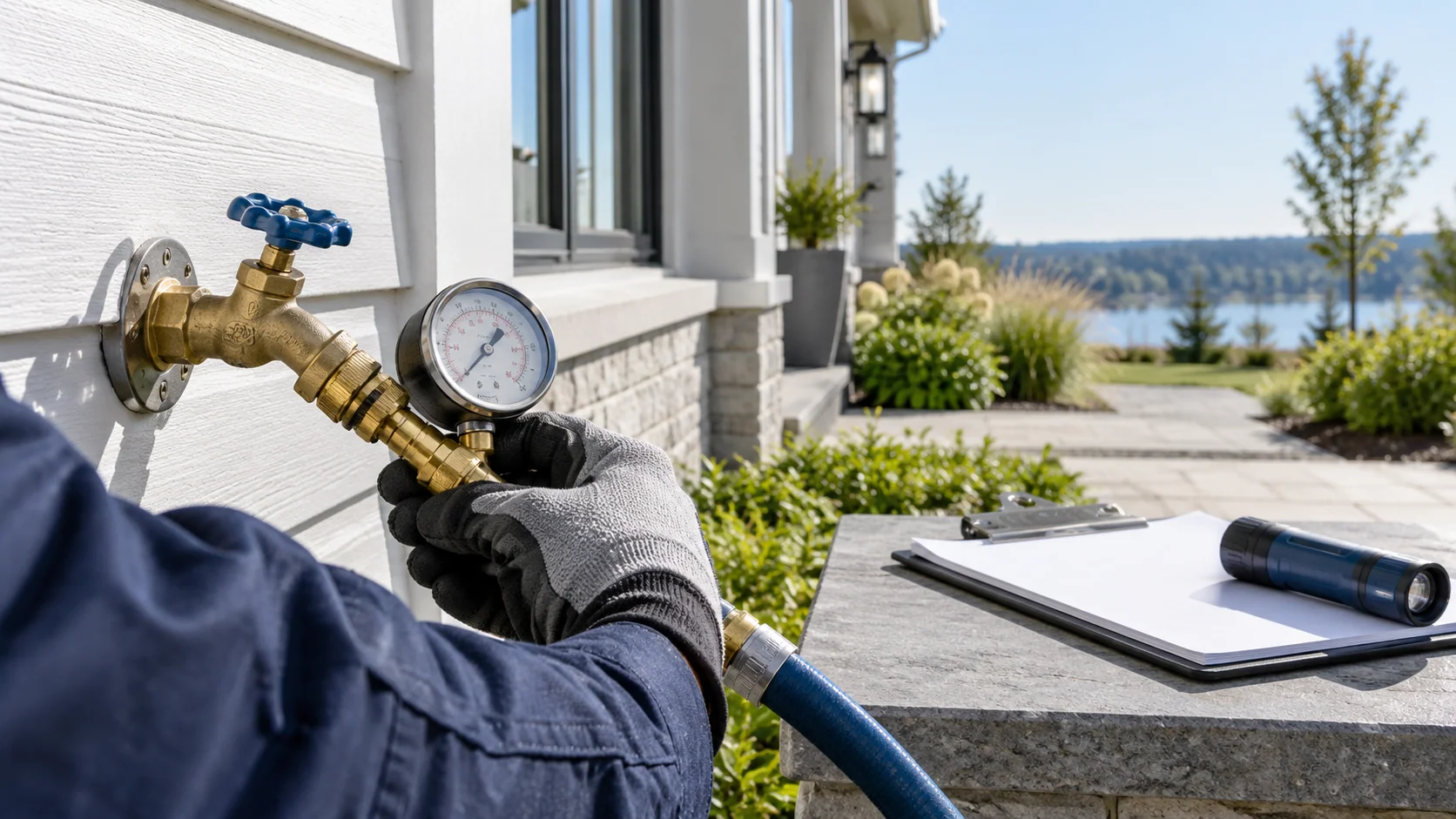 Technician testing water pressure with a gauge attached to an outdoor faucet