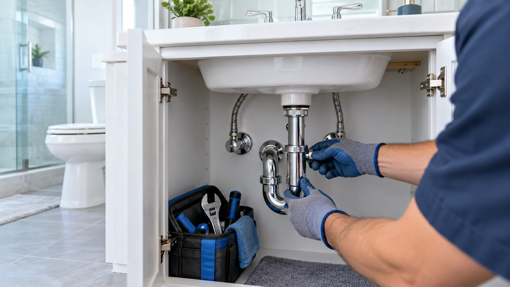 Plumber checking drain and water supply connections under a bathroom sink