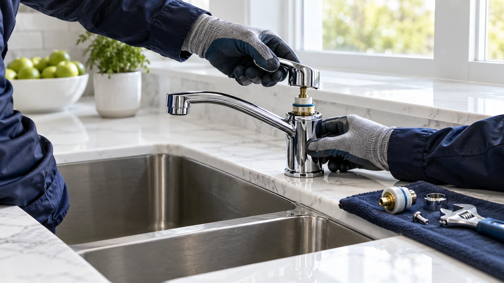 Plumber repairing a kitchen faucet with a replacement cartridge and tools nearby