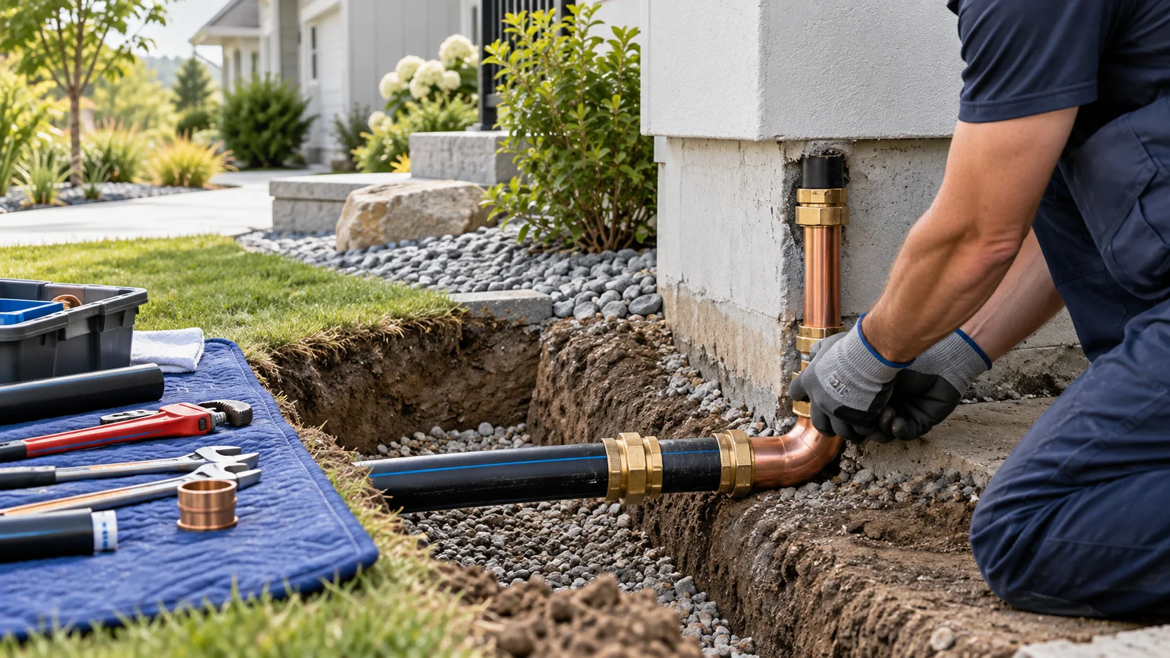 Technician checking underground pipe connections beside a residential foundation