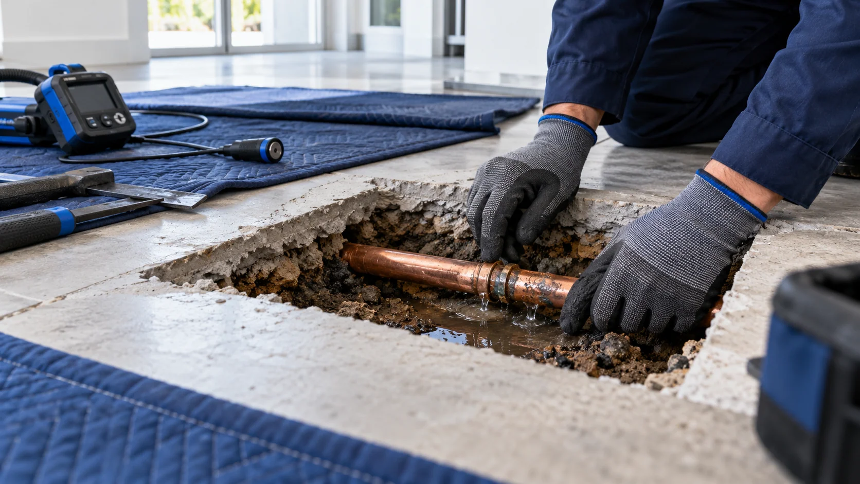 Copper water line exposed through an opening in a concrete slab for leak repair