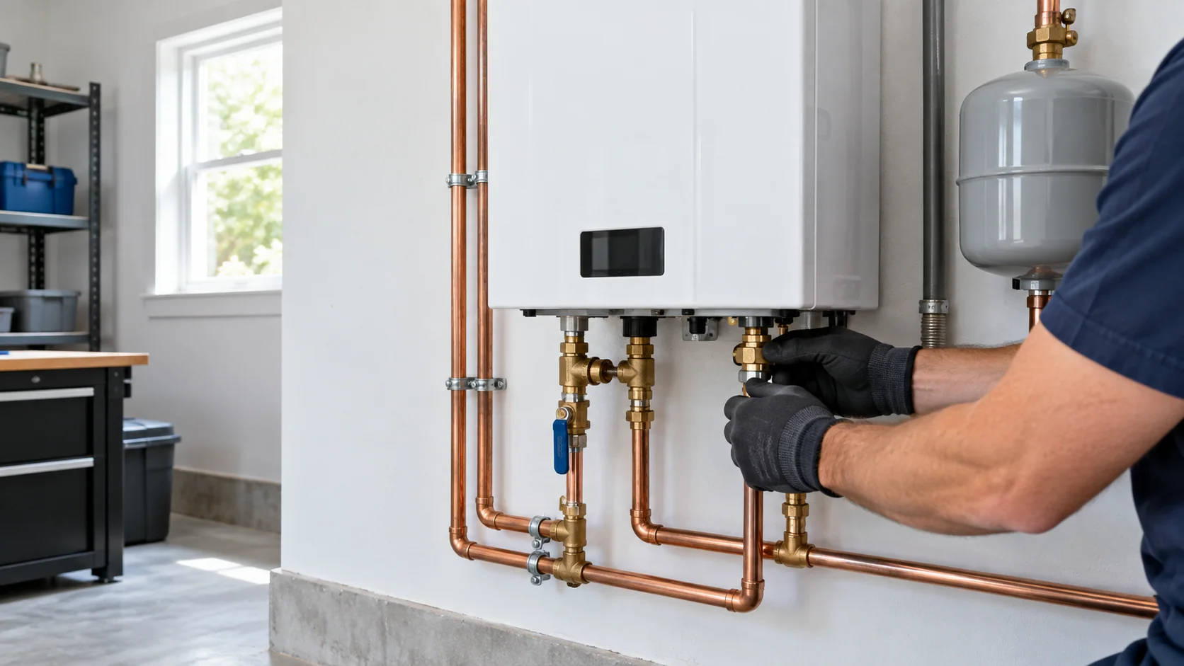 Technician inspecting connections beneath a wall-mounted tankless water heater