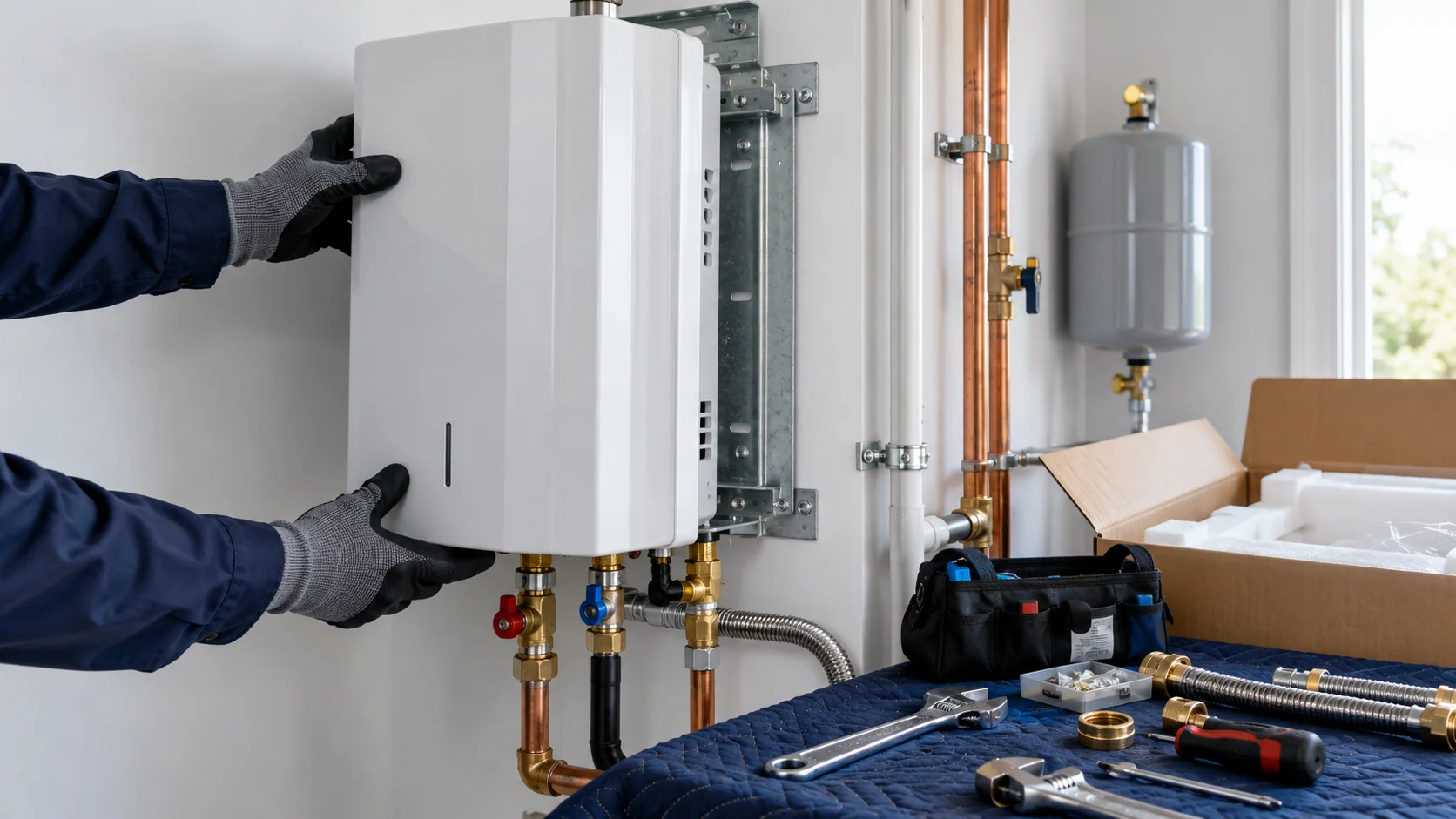 Technician mounting a new tankless water heater beside its installation tools