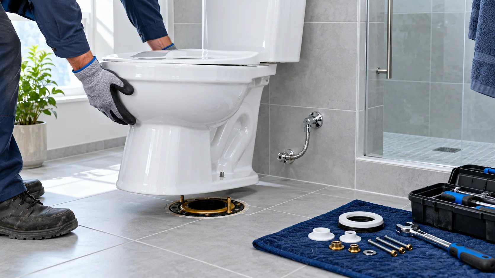 Technician positioning a new toilet over its floor connection