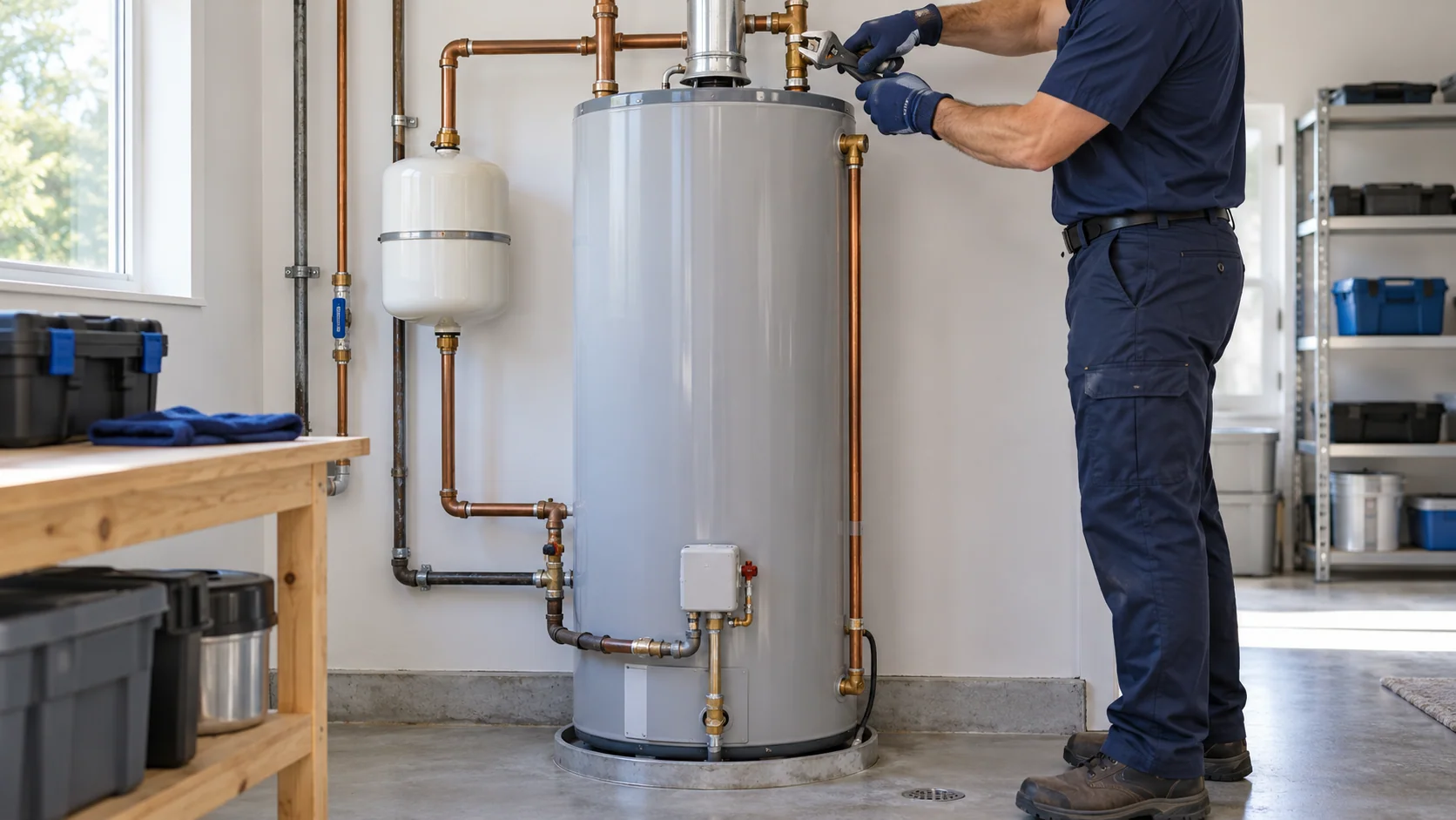 Technician checking water connections on a residential tank water heater