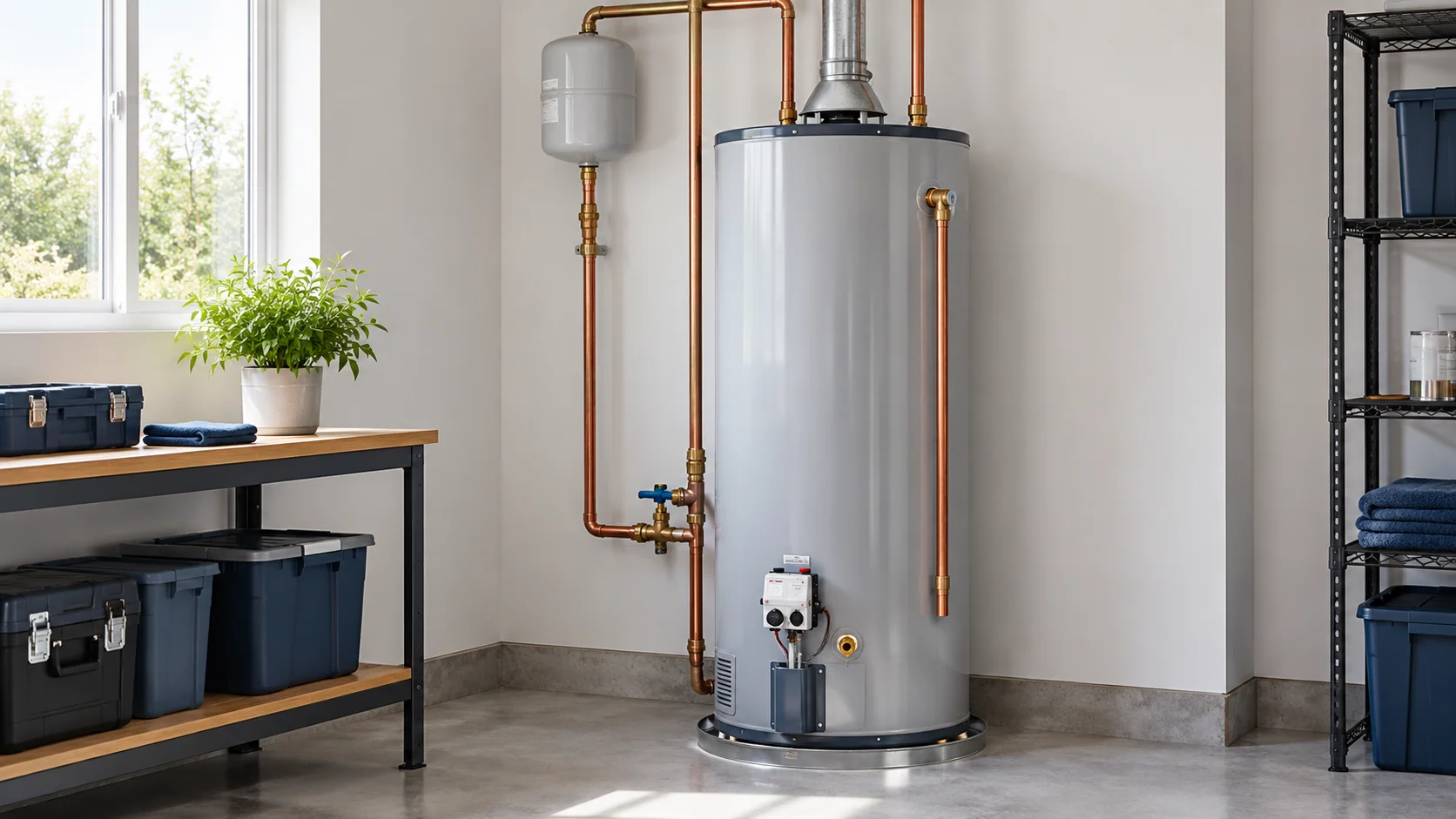 Conventional storage tank water heater installed in a residential utility room
