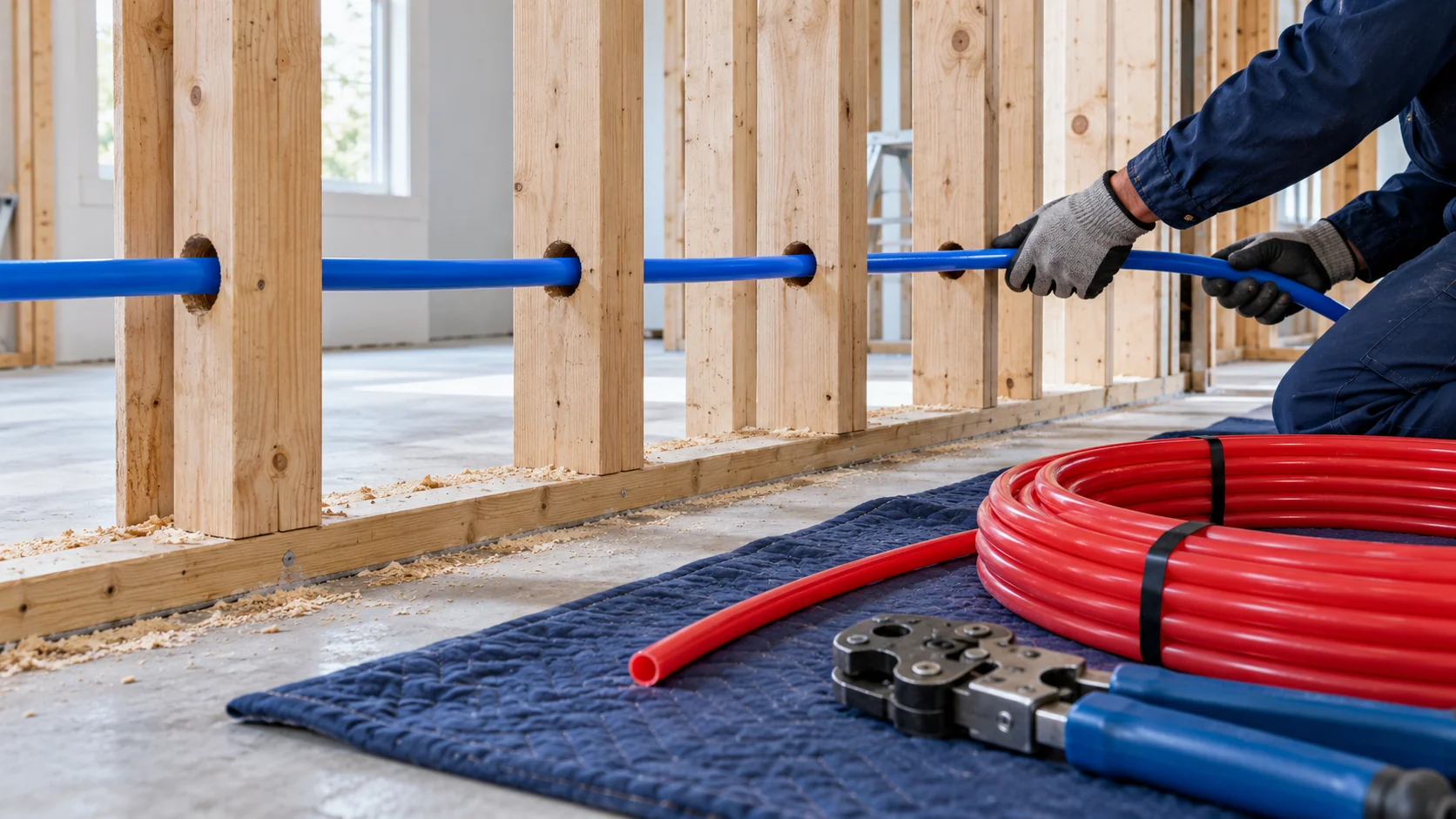 Technician routing new PEX water supply piping through exposed wall studs