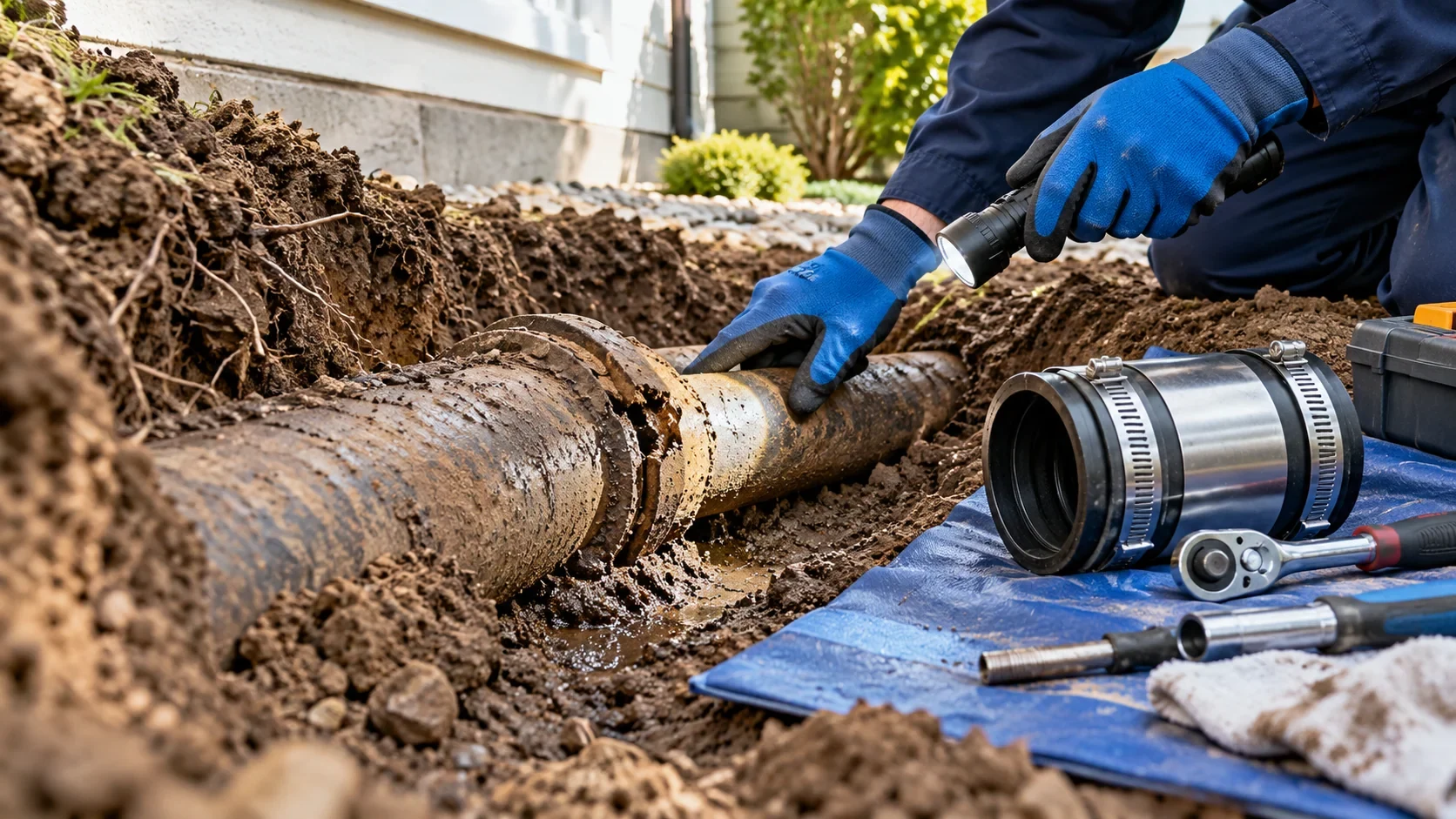 Technician inspecting a damaged sewer pipe joint beside a repair coupling