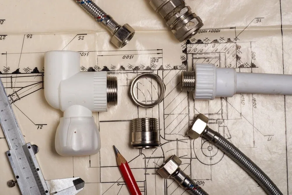 Plumbing tools, pipe fittings, and fixture parts arranged on a work surface