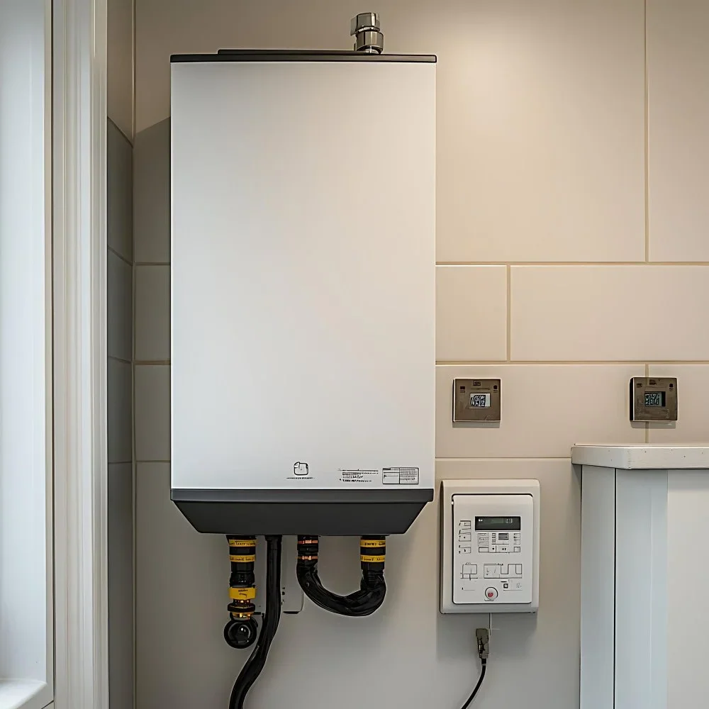Wall-mounted tankless water heater with visible water connections