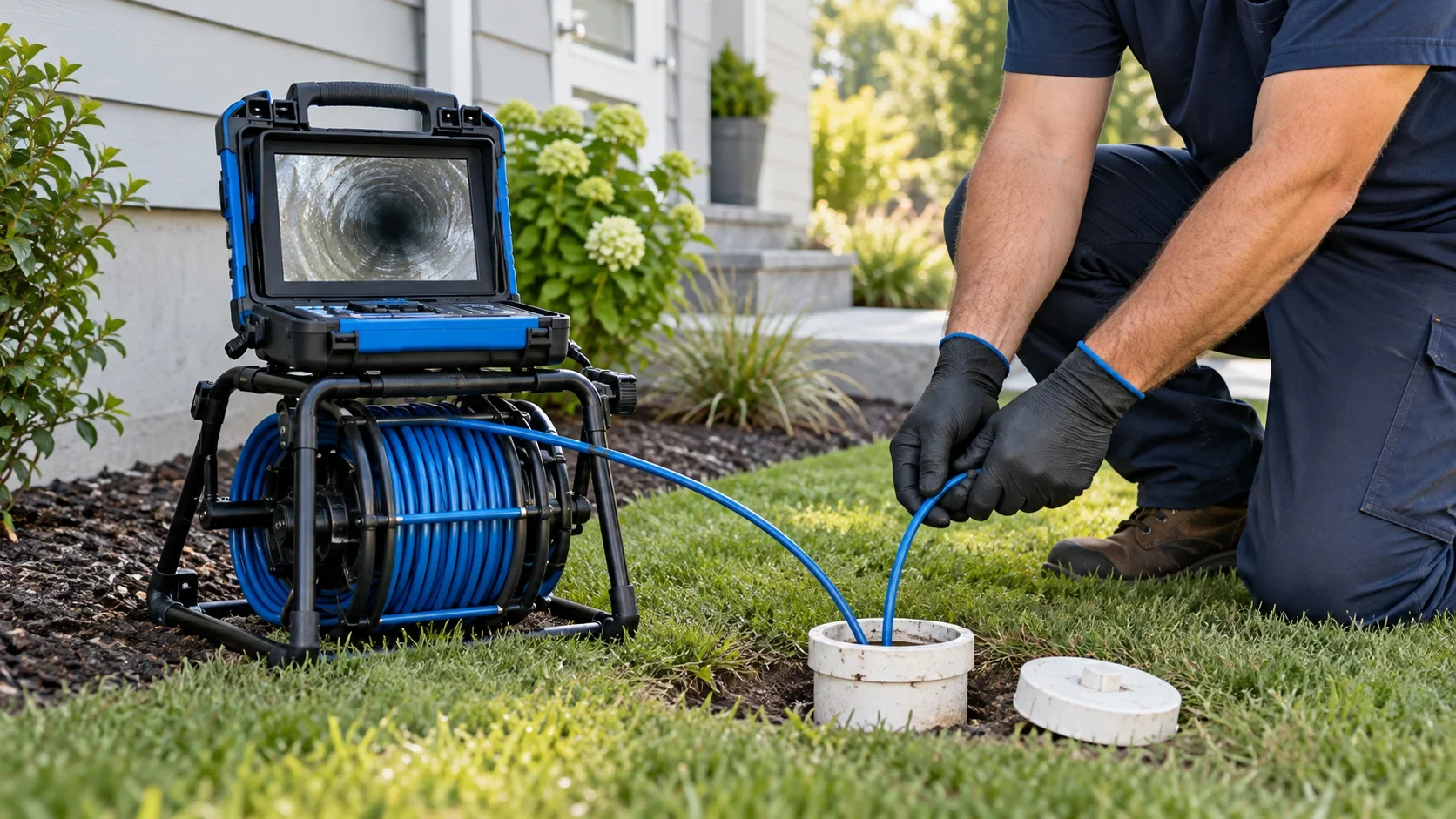 Sewer inspection camera and cable reel beside an outdoor drain cleanout
